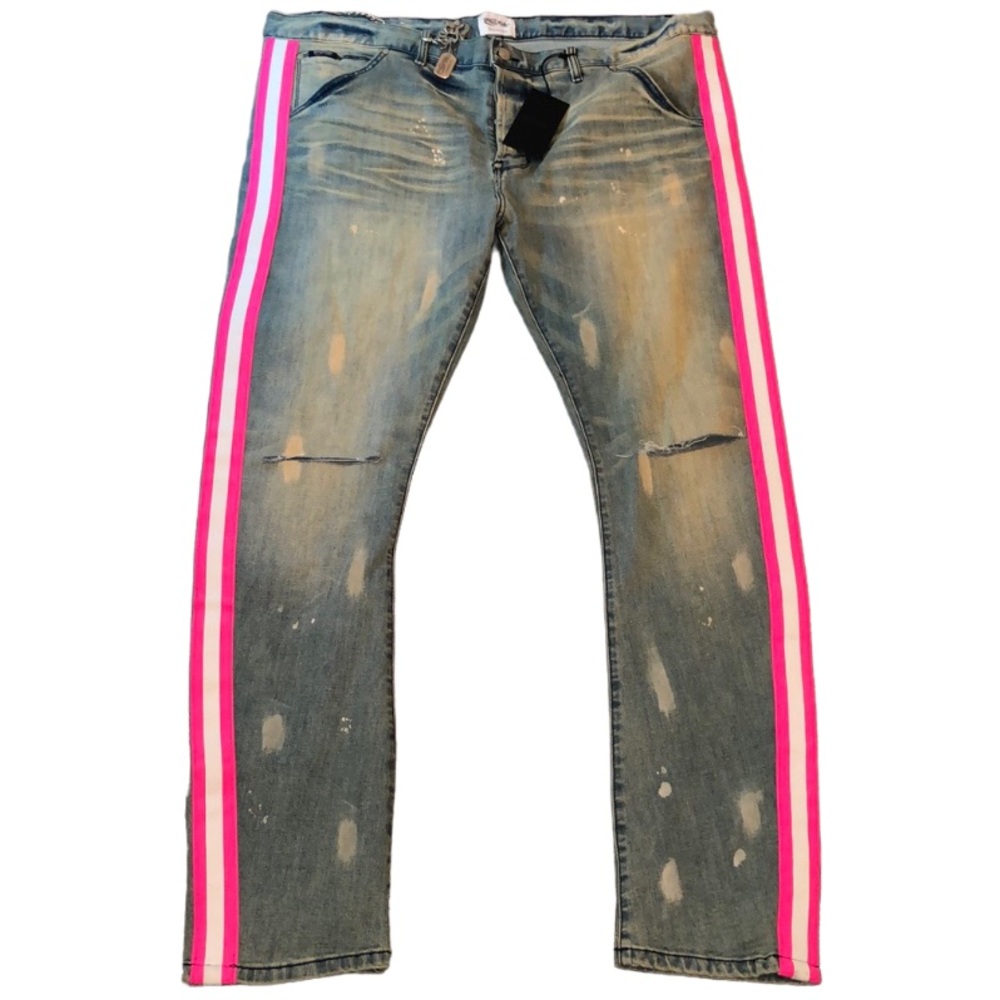 Mackeen neon pink striped distressed denim jeans
